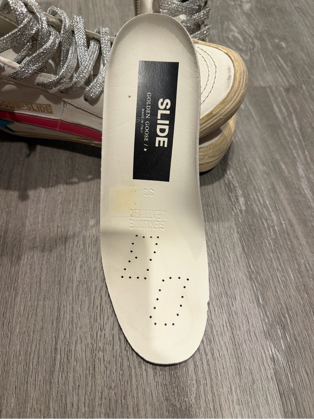 Golden Goose White High-Top Sneakers with Pink Stripe & Blue Star - Picture 5 of 9